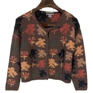 Vtg Worlds Apart Hand Knit Aztec Button up Crop Boxy Cardigan Boho Fall Cotton M